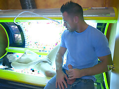 Cory Chase sucks customer's cock while Aubrey Rose masturbating in the tanning bed - Aubrey Rose,Cory Chase