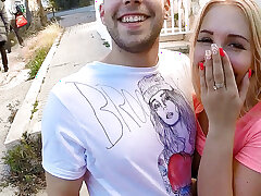 Kyra Hot fucks with a guy in public as an old couple manages to pass them by
